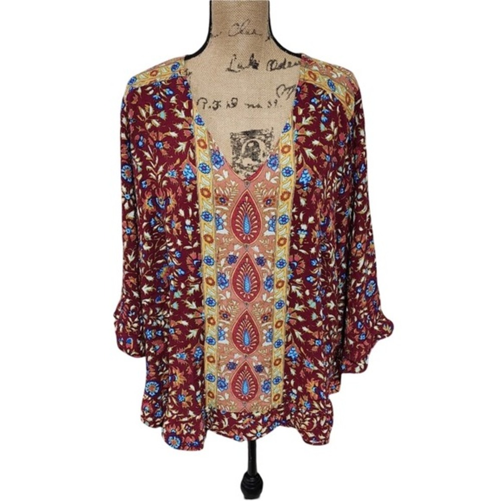 Haute Hippie Style Womens 1X Burgundy Floral Paisley Boho Bell Sleeve Blouse NEW